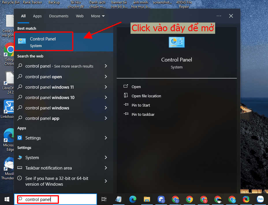 hướng dẫn mở control panel