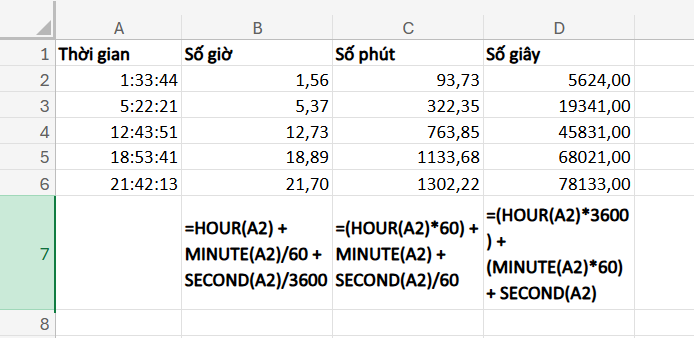 áp dụng hàm HOUR, MINUTE, SECOND để chuyển đổi giờ thành số thập phân