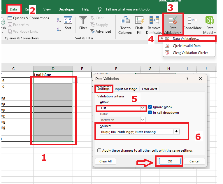 Cách tạo list box trong excel bằng cách nhập tay