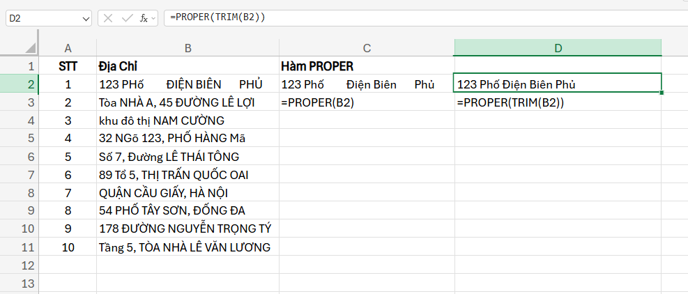 sử dụng kết hợp hàm PROPER với hàm TRIM