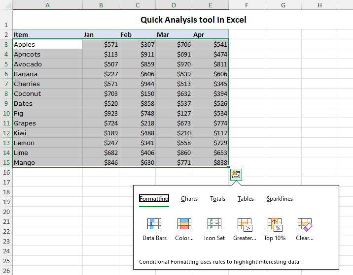 cách sử dụng quick analysis tool để mở conditional formatting