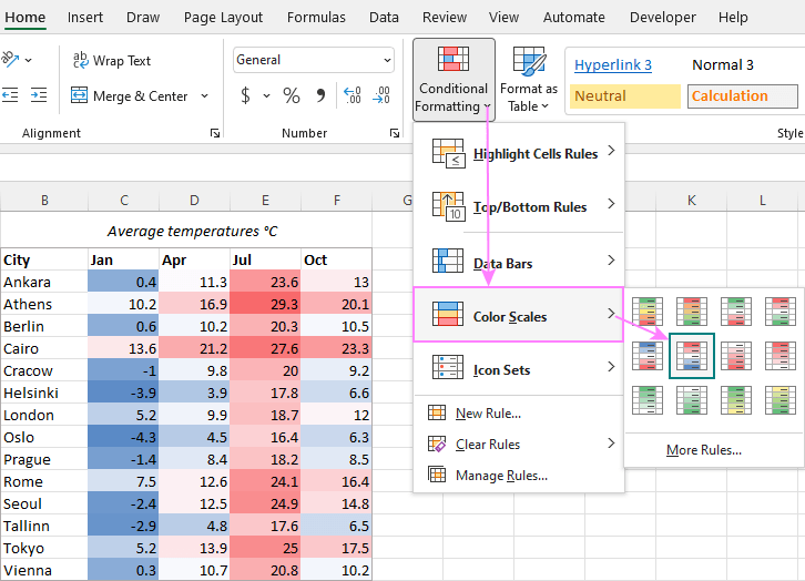 chọn color scales trong conditional formatting trong Excel