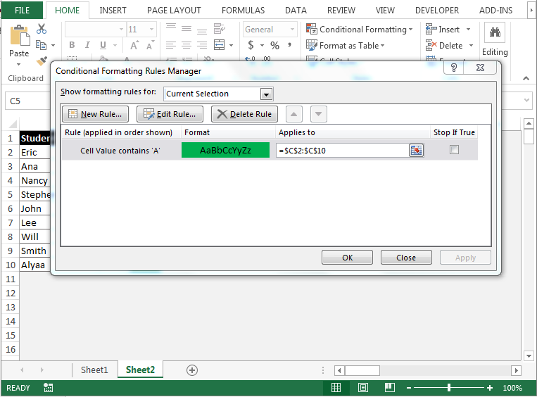giao diện hộp thoại conditional Formatting Rules manager