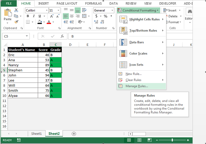 mở manage rules trong conditional formatting