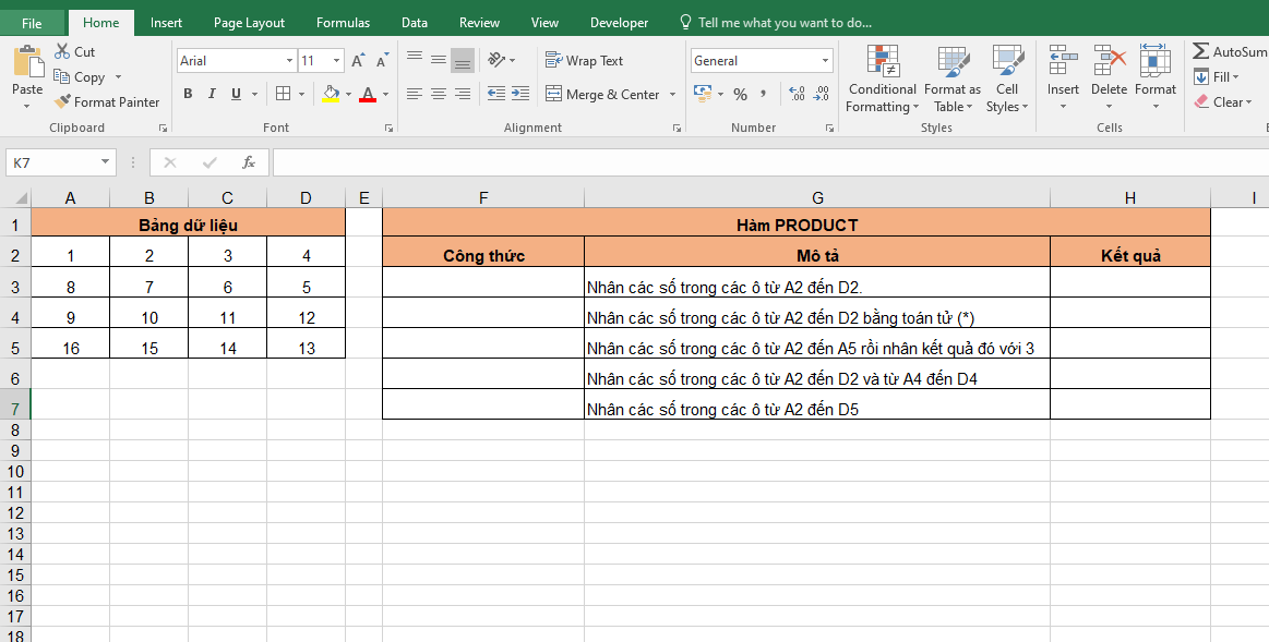 Cách sử dụng hàm PRODUCT để thực hiện phép tính nhân 1
