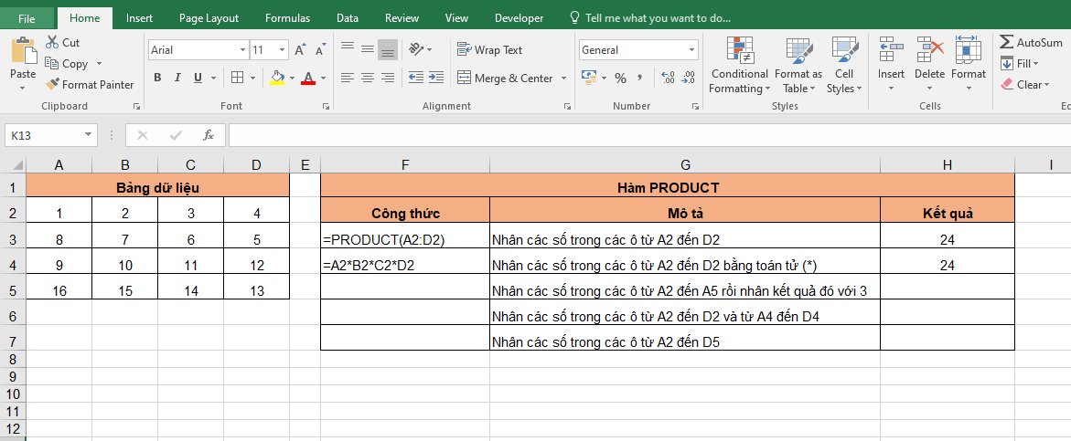 Cách sử dụng hàm PRODUCT để thực hiện phép tính nhân 2