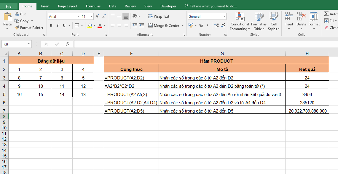 Cách sử dụng hàm PRODUCT để thực hiện phép tính nhân 3