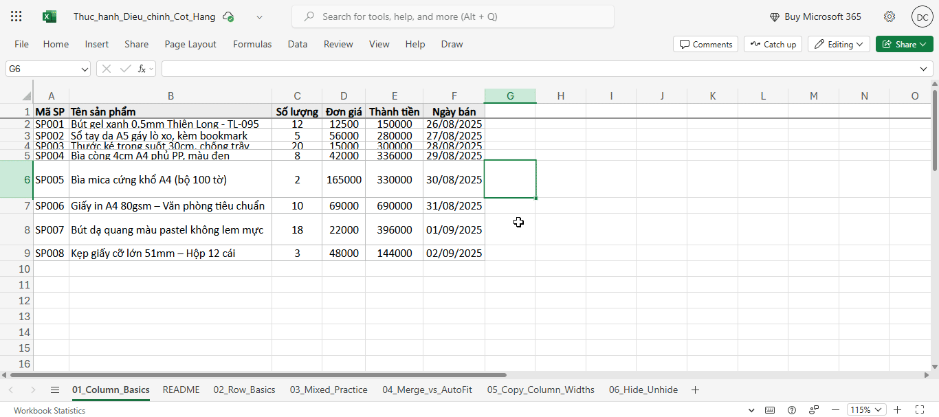 Điều chỉnh độ cao hàng với kích thước tùy chỉnh