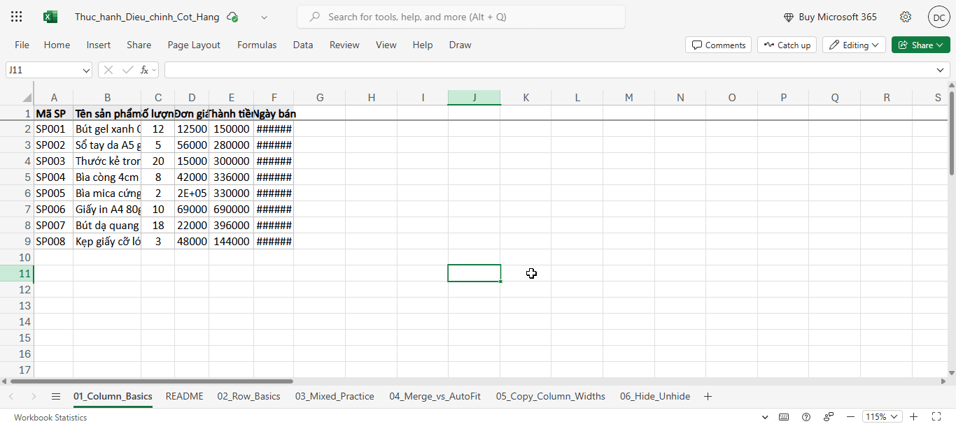 điều chỉnh độ rộng cột tùy chỉnh