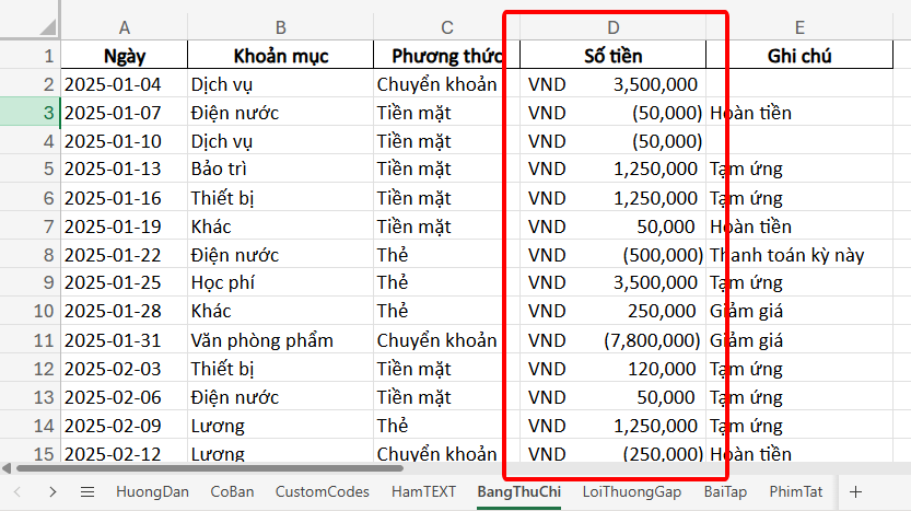 định dạng tiền VND trong excel với accounting