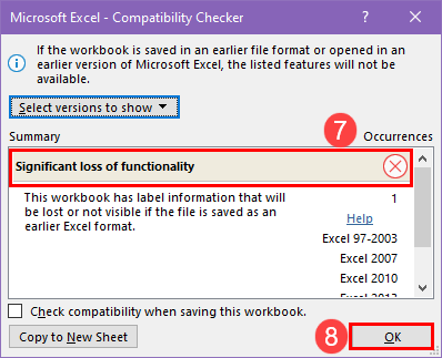thông báo khi kiểm tra tính tương thích với phiên bản excel