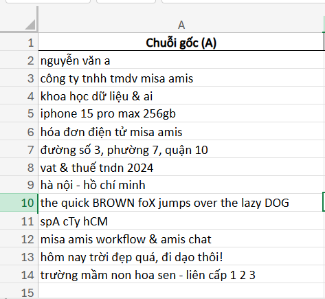 bảng dữ liệu thô để sử dụng flash fill
