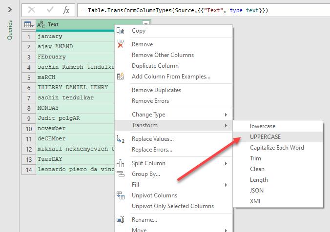chọn capitalize each word trong power query để tự động viết hoa chữ cái đầu