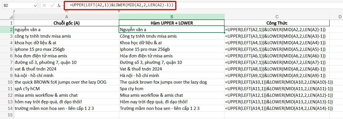 hàm UPPER và Lower để tự động viết hoa ký tự đầu tiên trong ô