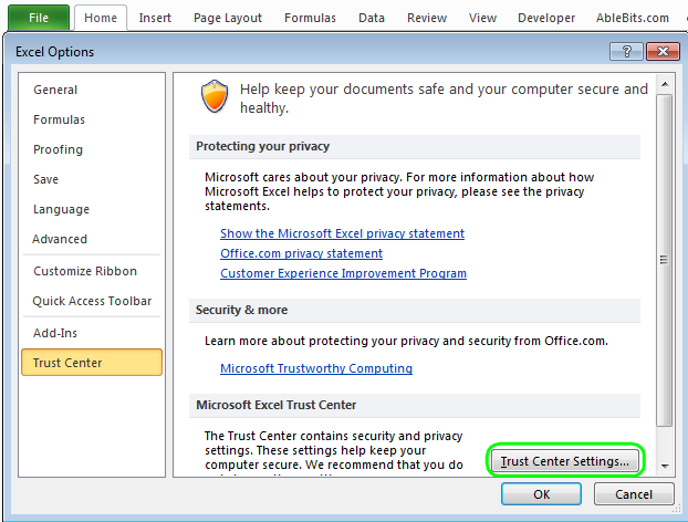 mởi trust center settings trong Excel