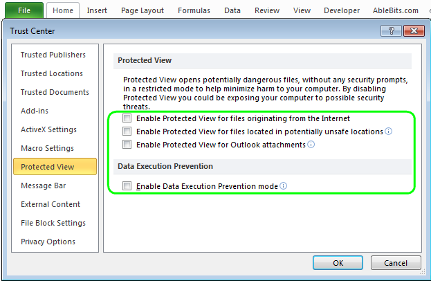 tắt protected view trong Excel