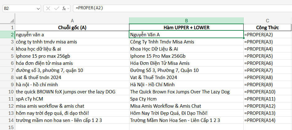 tự động viết hoa chữ cái đầu tiên với hàm PROPER
