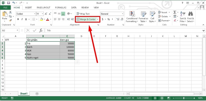gộp ô bằng Merge & Center