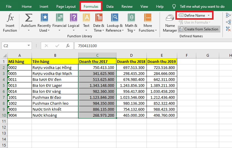 Cách mở Define Name trong excel