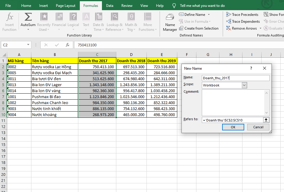 đặt tên cho vùng dữ liệu với Define name