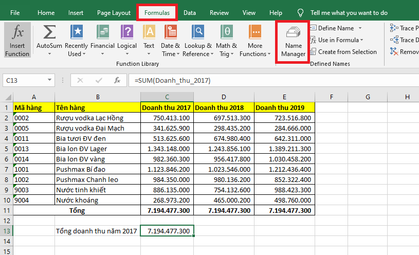 mở name manager trong Excel