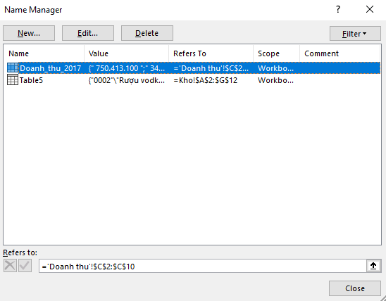 cửa sổ name manager trong Excel