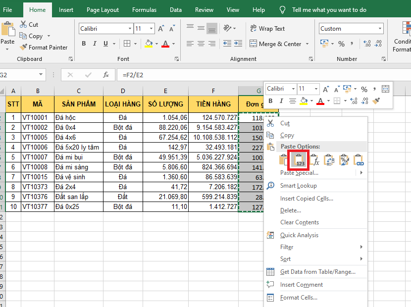 sử dụng Paste Values để sao chép dữ liệu 2