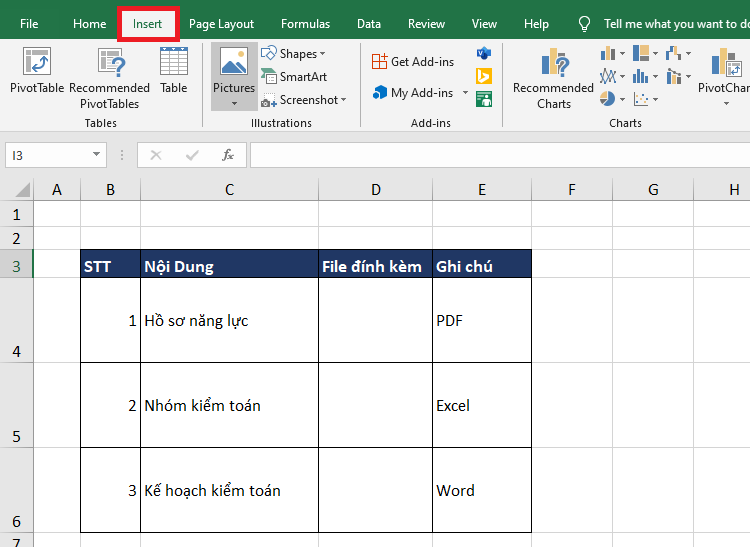 Cách chèn nhanh file đính kèm vào tài liệu Excel 1