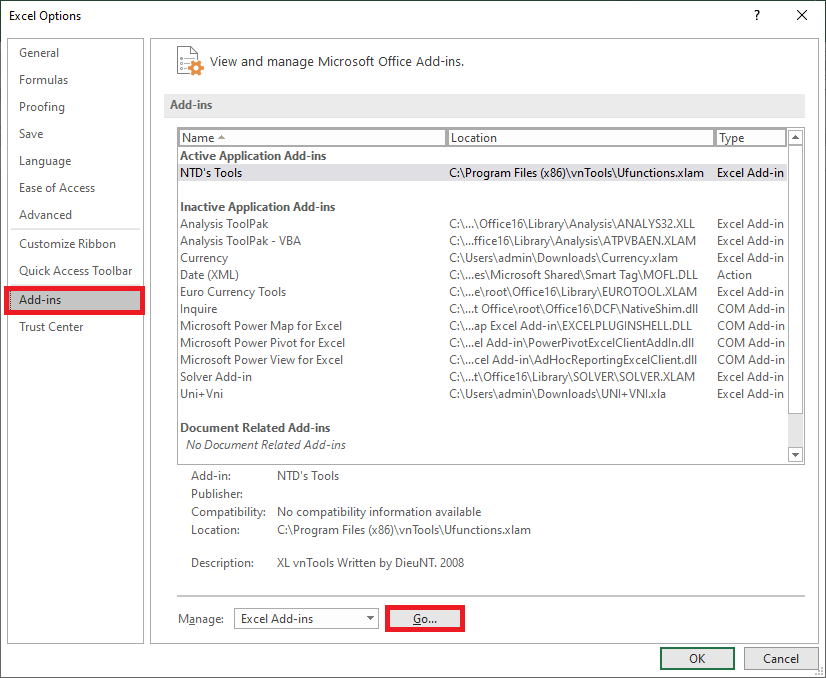cách vô hiệu hóa và xóa Add-in trong Excel 2