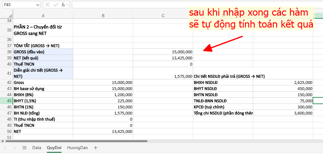 công thức tự động tính chuyển đổi lương Gross sang Net