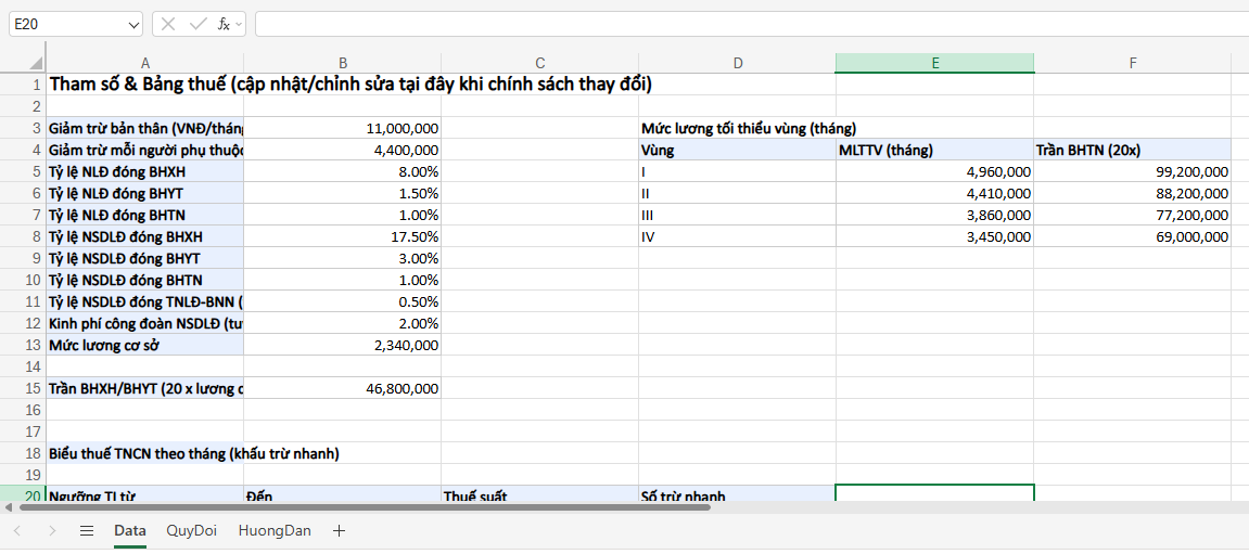 giới thiệu sheet data trong bảng tính chuyển đổi lương Net sang Gross
