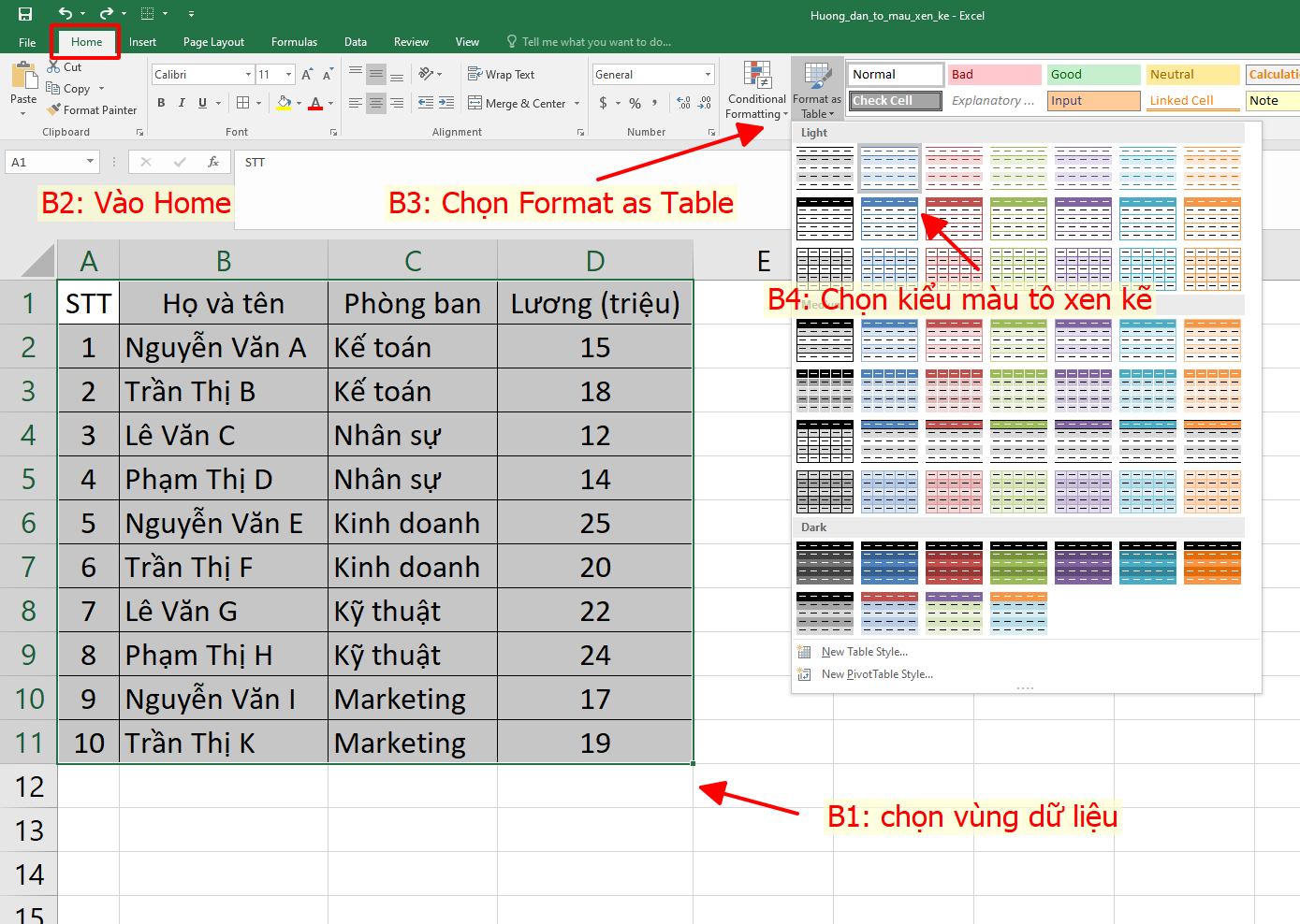 cách sử dụng tô màu xen kẽ với format as table