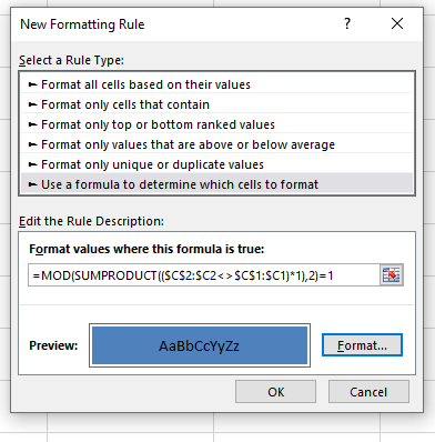công thức tô màu xen kẽ theo các nhóm giá trị