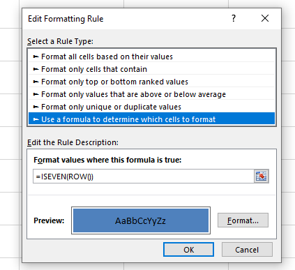 hiển thị bảng khi bấm edit rule trong conditional formatting