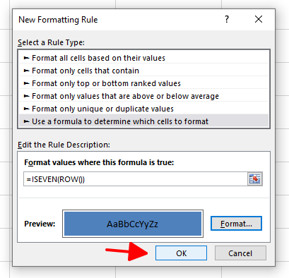 nhấn Ok để áp dụng màu tô xen kẽ giữa các dòng