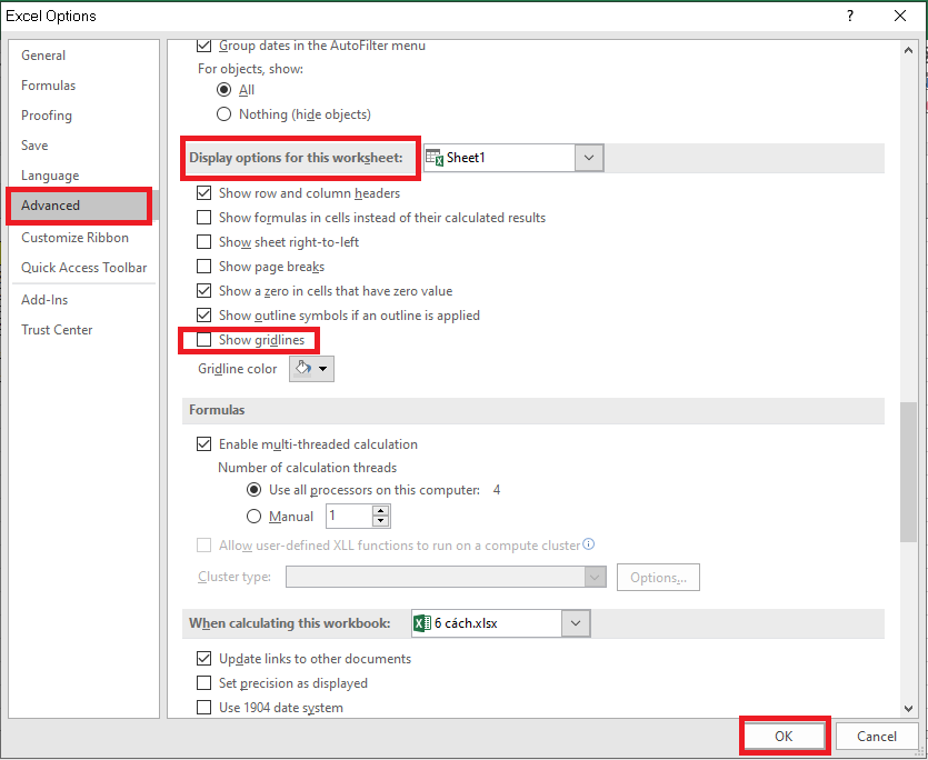 xóa dòng kẻ ô trong Excel 7