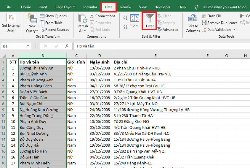 Cách tìm kiếm tên trong bảng tính Excel 1