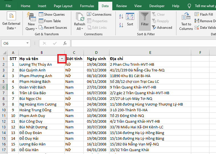 Cách tìm kiếm tên trong bảng tính Excel 2