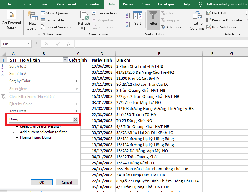 Cách tìm kiếm tên trong bảng tính Excel 3