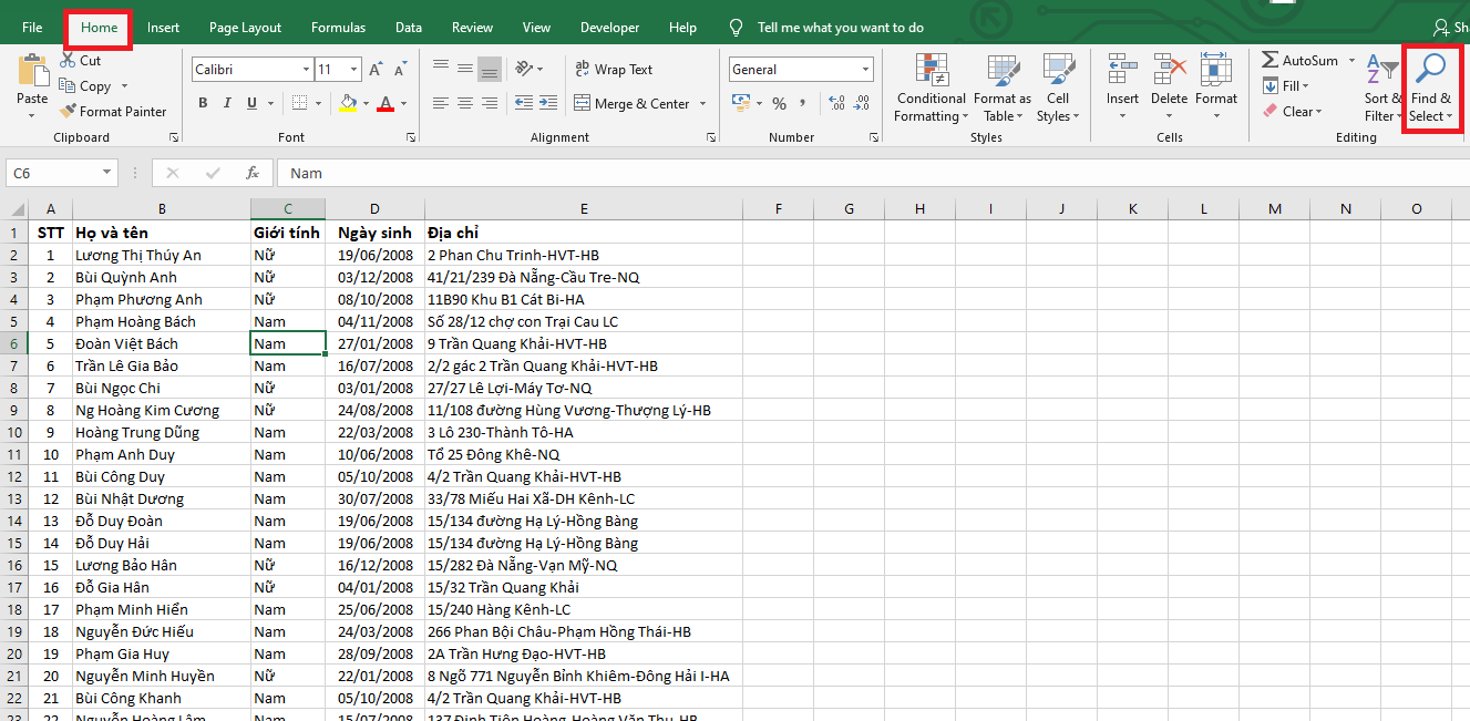 Cách tìm kiếm tên trong bảng tính Excel 5