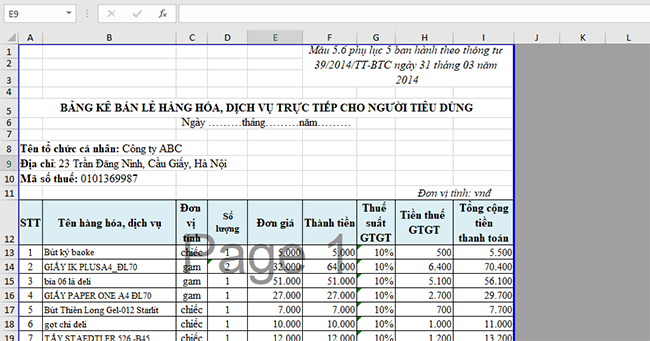Tải về mẫu file Excel lập bảng kê bán hàng cho khách lẻ dưới 200.000đ