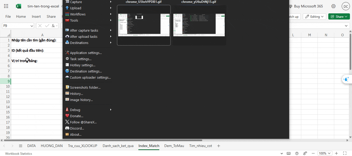 Sử dụng hàm để trả về vị trí tên trong danh sách