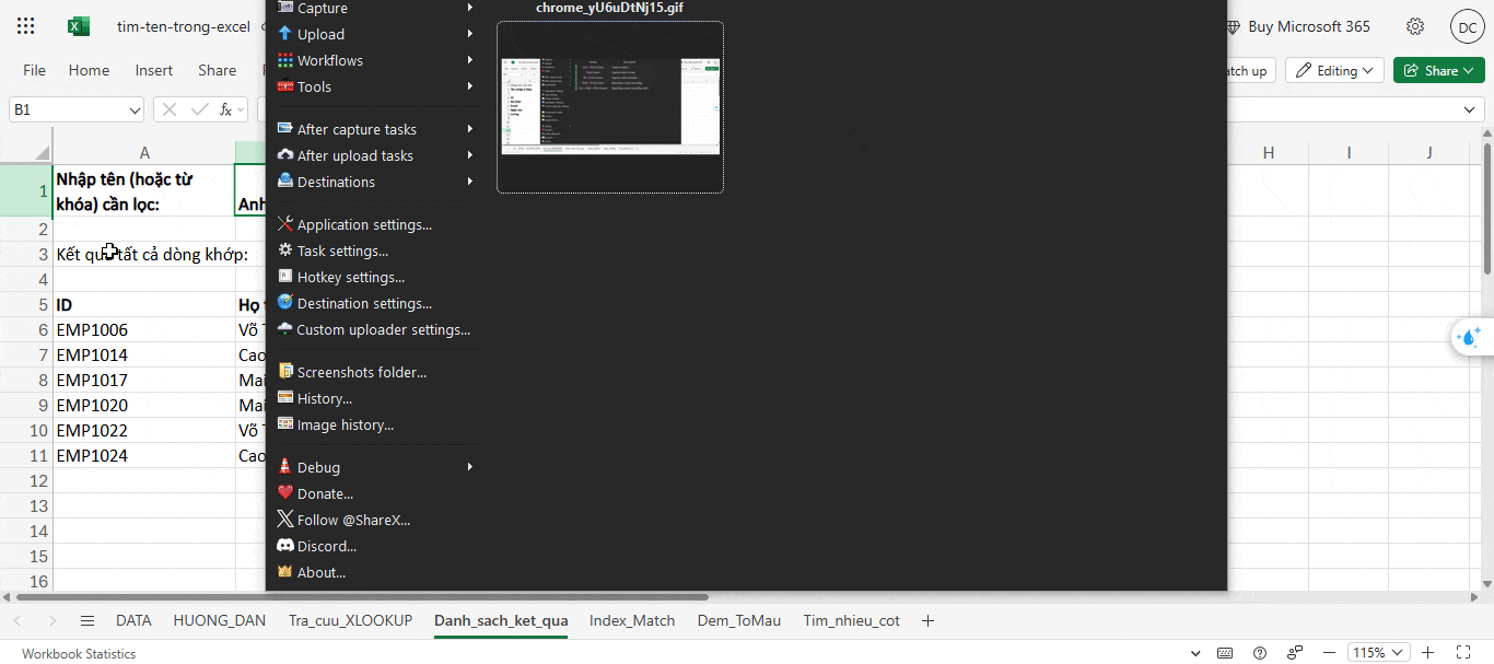 Sử dụng hàm tìm tên và tất cả kết quả khớp