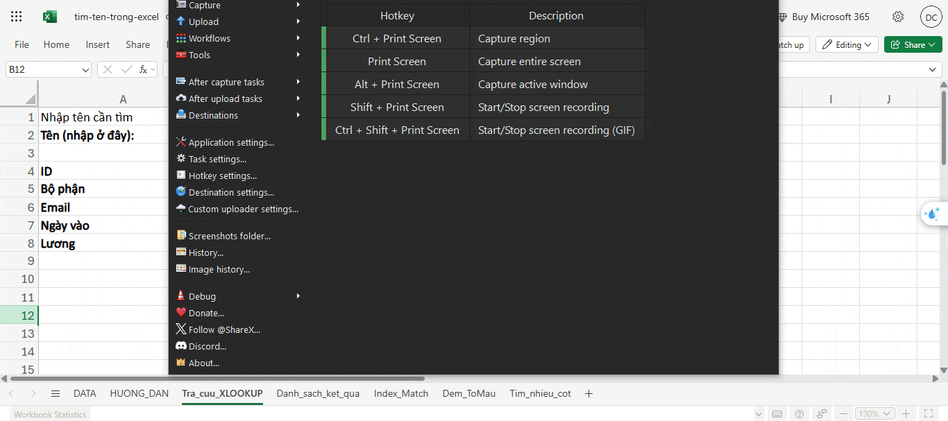 Sử dụng hàm tự động để nhập tên tự động ra thông tin kèm theo