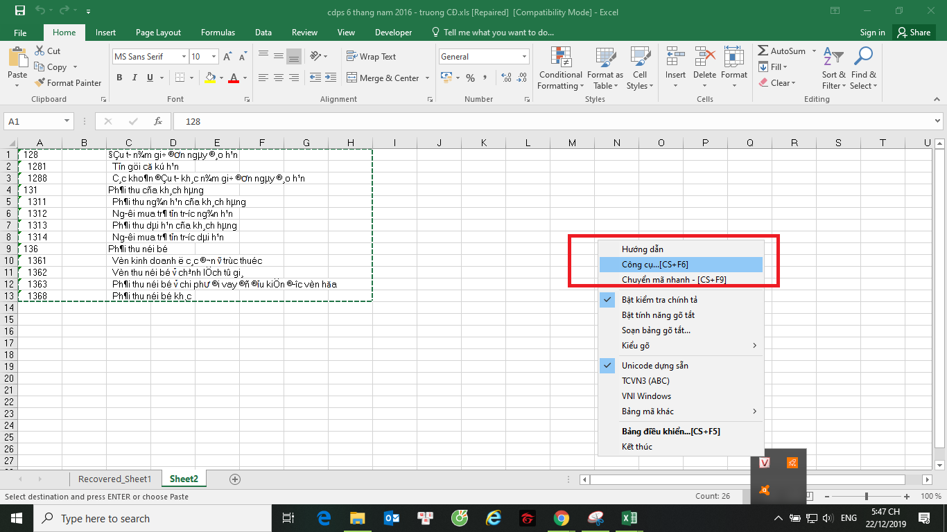 cách chuyển đổi font chữ trong Microsoft Excel 2