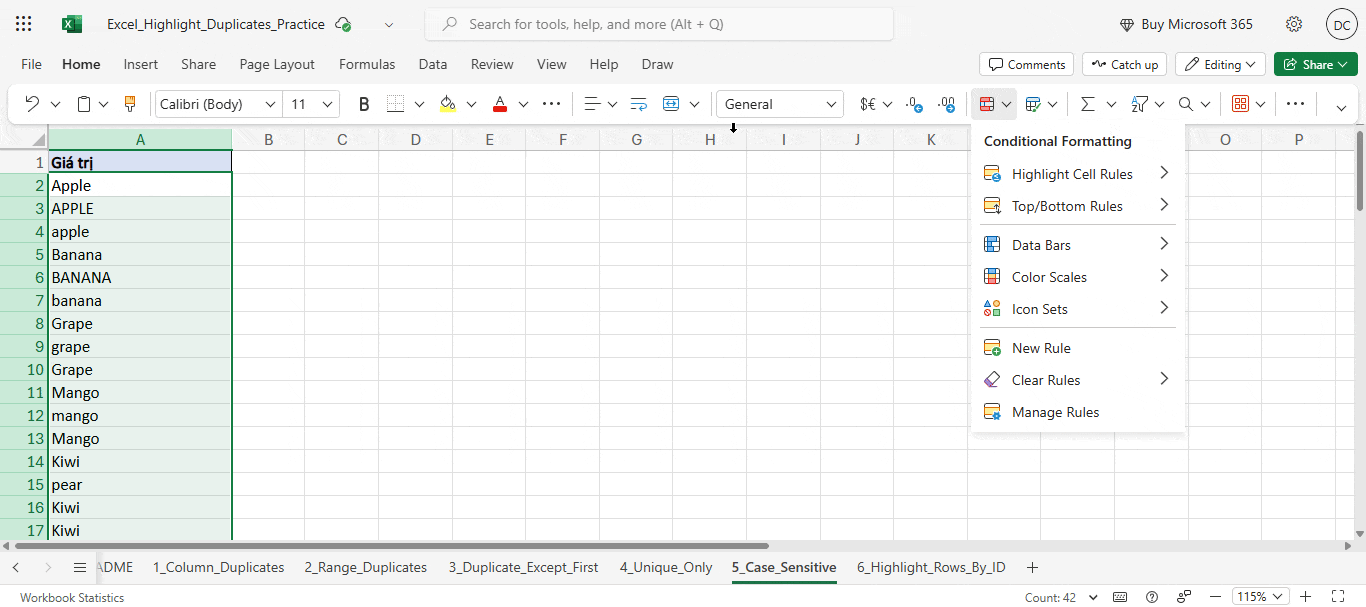 cách tô màu các ô có giá trị trùng nhau phân biệt chữ hoa thường