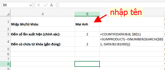 công thức đếm số tên xuất hiện