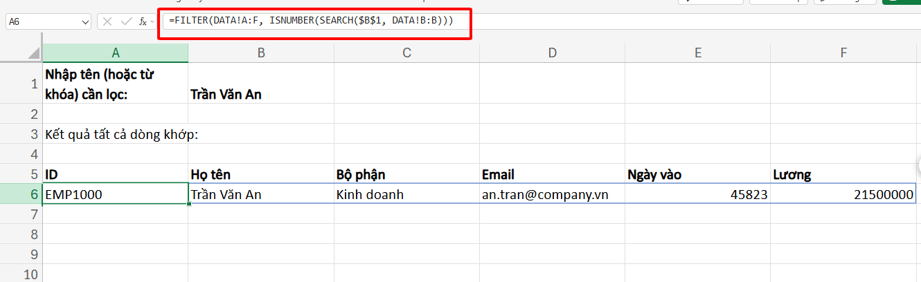 công thức tìm tên trả về danh sách kết quả theo hàng