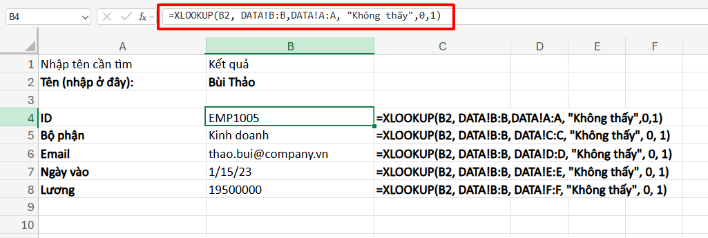 công thức tìm tên và trả về thông tin tương ứng