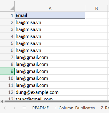 dữ liệu để tô màu ô trùng từ ô thứ 2 trở đi